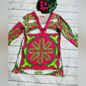 Joyous & Free Women’s Colorful Baroque Print Jeweled V-Neck Top Size S